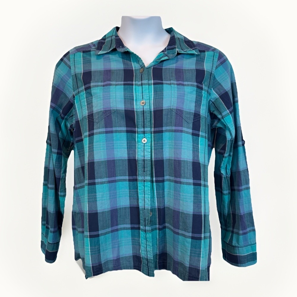 Pendleton Blue Plaid Long Sleeve Women's‎ Sz Lrg Button Up Top Western Roll Tab